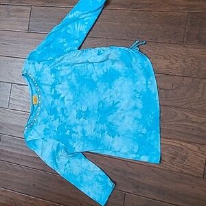 Ruby Rd Blue Marbled Top with Ruching on 1 side & Embellished Neckline sizeLarge